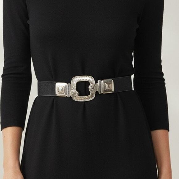 Chico's Silver Statement Belt Buckle Black Adjustable Leather M/L Belt - Picture 1 of 7